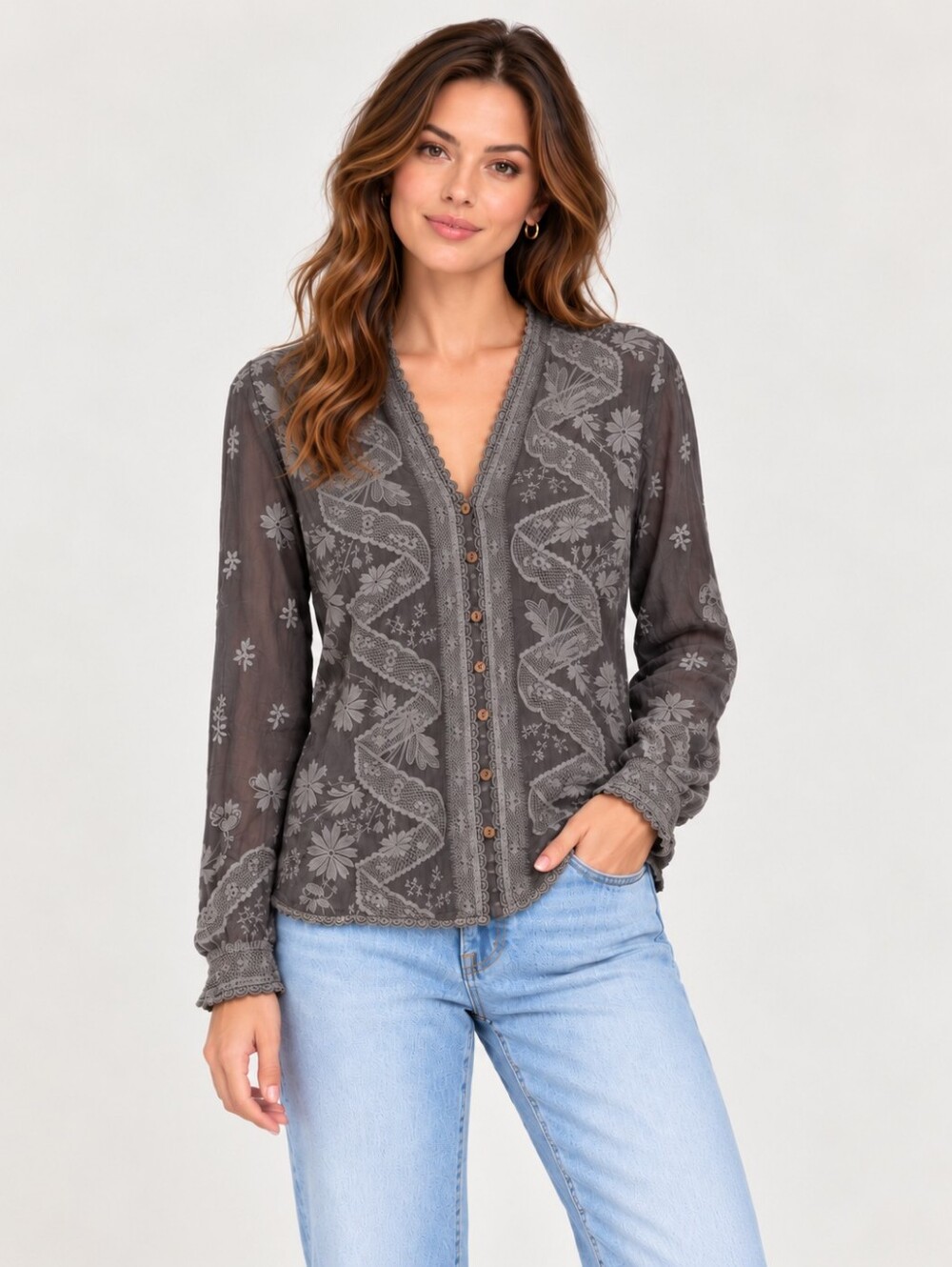 Johnny Was Gray Embroidered Lace Button Front Blouse Top Size M